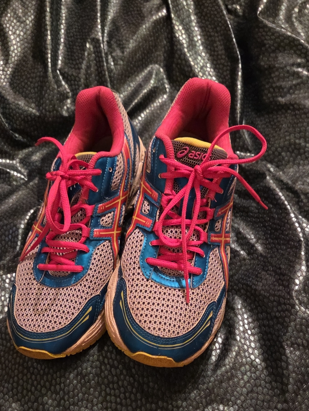 ASICS Pink Mesh Athletic Shoes with Blue and Yellow Accents